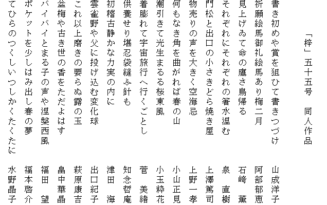 
　　　「梓」五十五号　同人作品

書き初めや賞を狙ひて書きつづけ　　山成洋子
祈願絵馬御礼絵馬あり梅二月　　　　阿部郁恵
見上げゐて命の鷹さ鳥帰る　　　　　石﨑　薫
それぞれにそれぞれの箸水温む　　　泉　直樹
門松と出口の小さきどら焼き屋　　　上澤篤司
物売りの声を大きく空海忌　　　　　上野一孝
何もなき角を曲がれば春の山　　　　小山正見
潮引きて光生まるる桜東風　　　　　小玉粋花
着膨れて宇宙旅行へ行くごとし　　　菅　美緒
供養せり堪忍袋縫ふ針も　　　　　　知念哲庵
初稽古静かな力実の内に　　　　　　津田　海
雲雀野や父に投げ込む変化球　　　　出口紀子
これ以上磨きの要らぬ露の玉　　　　萩原康吉
盆梅や古き世の香をただよはす　　　畠中華晶
バイバイとまる子の声や涅槃西風　　福田　望
ポケットを少しはみ出し春の夢　　　福本啓介
てひらのつくしいつしかくたくたに　水野晶子