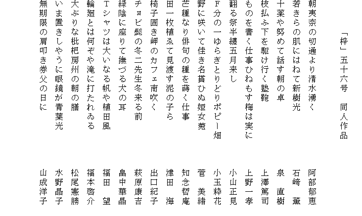 
　　　「梓」五十六号　同人作品

朝夷奈の切通より清水湧く　　　　　　阿部郁恵　
若きらの肌にはねて新樹光　　　　　　石﨑　薫
十薬や努めて話す朝の卓　　　　　　　泉　直樹
枝払ふ下を駆け行く塾鞄　　　　　　　上澤篤司
ものを書く仕事ひねもす梅は実に　　　上野一孝
翻る祭半纏五月来し　　　　　　　　　小山正見
Ｆ分の一ゆらぎとりどりポピー畑　　　小玉粋花
野に咲いて佳き名貰ひぬ姫女?　　　　菅　美緒
芒種なり俳句の種を蒔く仕事　　　　　知念哲庵
田一枚植ゑて見渡す泥の子ら　　　　　津田　海
椅子固き岬のカフェ南吹く　　　　　　出口紀子
チョビ髭の冬二先生冬来る前　　　　　萩原康吉
緑陰に座りて撫づる犬の耳　　　　　　畠中華晶
Ｔシャツは大いなる帆や植田風　　　　福田　望
輪廻とは何ぞや滝に打たれゐる　　　　福本啓介
大ぶりな枇杷房州の朝の膳　　　　　　松尾憲勝
いま置きしやうに眼鏡が青葉光　　　　水野晶子
無期限の肩叩き券父の日に　　　　　　山成洋子

